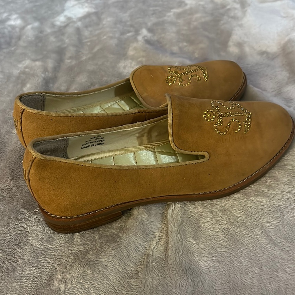 Sperry suede loafers with gold rhinestone anchor